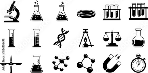 Set of science and laboratory equipment icons isolated on white background
