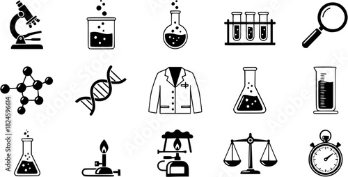 Set of science and laboratory equipment icons isolated on white background
