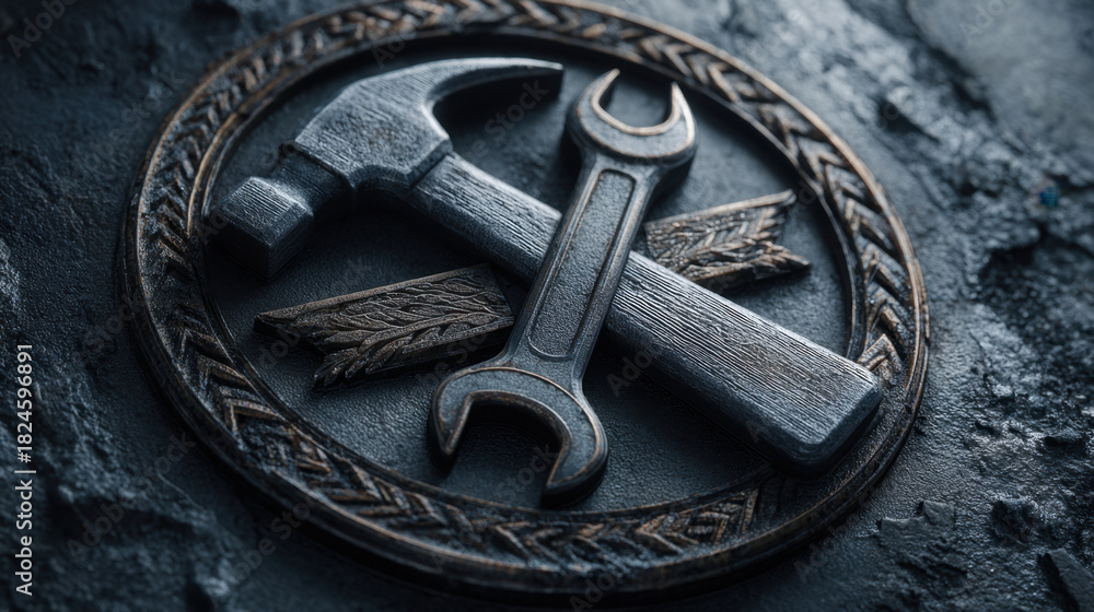 Fototapeta premium Industrial hammer and wrench emblem carved in metal, close up texture of tool symbol with laurel accent, moody dramatic lighting and worn patina conveying craftsmanship and repair