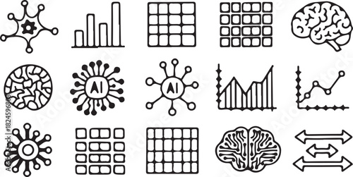 Icons of Artificial Intelligence: A collection of meticulously designed icons representing core concepts of artificial intelligence, featuring data, diagrams, and neural networks.