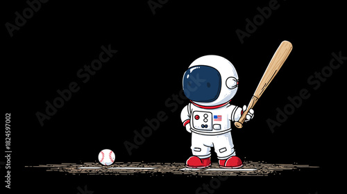Cute Astronaut Baseball Player with Bat and Ball in Space on Black Background - Whimsical Cosmic Sports Illustration