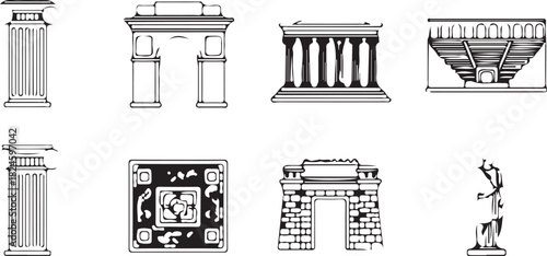 Architectural Heritage Elements: A collection of architectural elements showcases the timeless elegance of classic design, featuring columns, arches, temples, and statues.