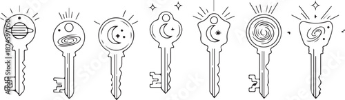 Keys to the Cosmos: Artistic illustration of celestial keys, each uniquely adorned with cosmic motifs, shimmering with ethereal light.