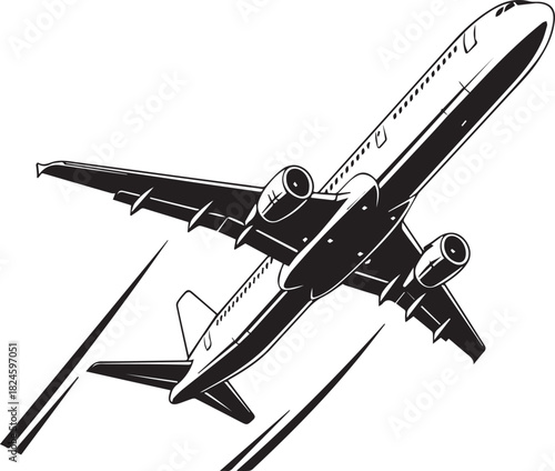 Airplane in Flight Detailed Black and White Vector Illustration.