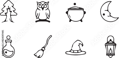 Whimsical Witchcraft: a collection of illustrations, each a unique symbol of enchantment, from a cauldron bubbling with mystery to an owl, tree, potion, broom, moon, lantern and the pointed hat.