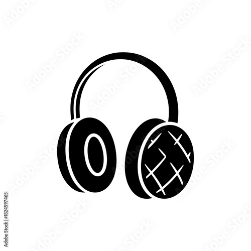 Stylish earmuffs icon with padded circles and curved headband in black-and-white design
