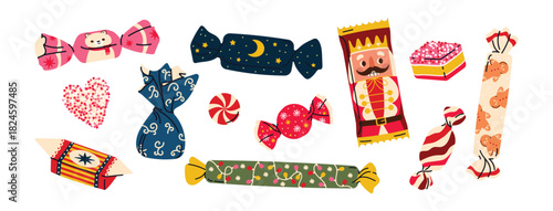 Christmas candy set in festive wrappers. Holiday sweets with gingerbread, stars, lights, bears, and nutcracker designs. Colorful treats for gifts, decor, and tree ornaments. Flat vector illustration 