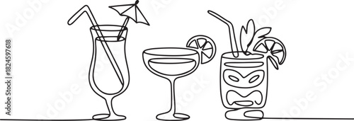 continuous line drawing exotic cocktail drinks. one line Icon drawing