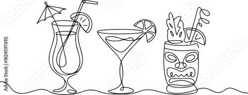 continuous line drawing exotic cocktail drinks. one line Icon drawing