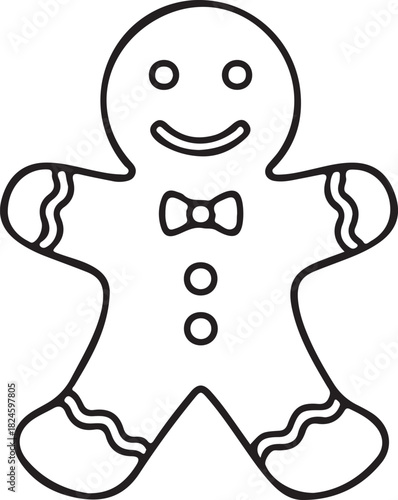 Gingerbread Man: A simple outline of a gingerbread man, with a smiling face and a festive bow tie, ready to bring holiday cheer.