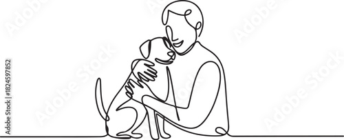 continuous line drawing happy pet lover with dog. one line Icon drawing