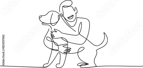 continuous line drawing happy pet lover with dog. one line Icon drawing