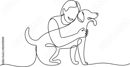 continuous line drawing happy pet lover with dog. one line Icon drawing