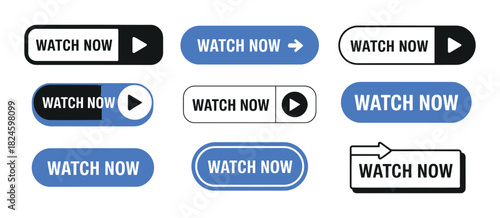 Set of watch now vector buttons for web and app design, flat style play icons, watch video, play now, online media, streaming, user interface elements, modern colorful trendy buttons