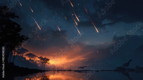 Dinosaurs Roaming Under a Meteor Shower Over a Prehistoric Landscape at Night