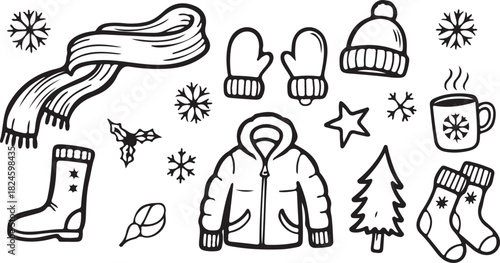 Cozy Winter Essentials: A charming collection of winter essentials including a warm coat, scarf, hat, mittens, socks, boots, and mug with falling snowflakes evokes the essence of the season. 