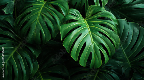 Close up shot of several large green monstera leaves with distinct fenestrations and veins