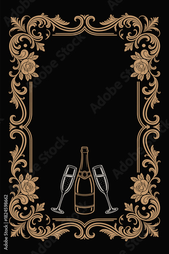 Champagne bottle and glasses in gold ornate baroque frame on black background