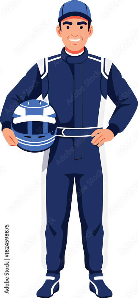 Obraz premium Character portrait art of a focused race car driver wearing his fire-resistant overalls, standing with one hand on his hip, prepared for the demanding track competition