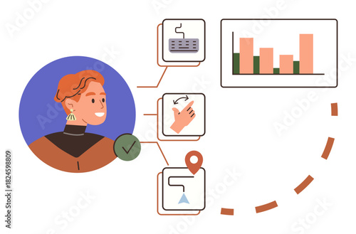 Person reviewing task steps connected through icons for input, navigation, and data tracking with a focus on efficiency. Ideal for workflow, productivity, planning, strategy, collaboration, analysis