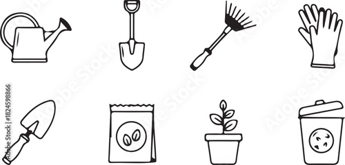 Essential Garden Toolkit: A collection of meticulously crafted line art featuring essential gardening tools, perfect for various landscaping and planting endeavors.