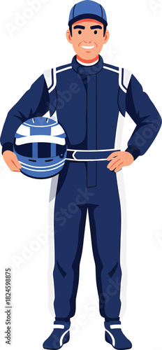 Character portrait art of a focused race car driver wearing his fire-resistant overalls, standing with one hand on his hip, prepared for the demanding track competition