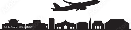 Tuyen Quang Vietnam Cityline Skyline With Airplane. Vector black silhouette