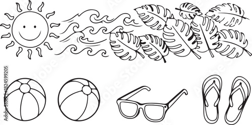 Sunshine Delight: A whimsical illustration captures the essence of summer with a smiling sun, playful waves, lush leaves, and beach essentials. Evoking joy and leisure.