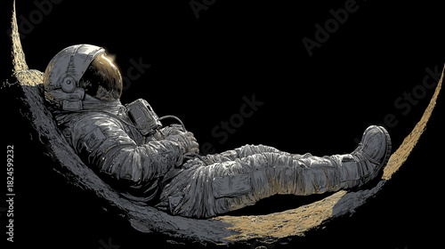Astronaut Relaxing in a Crescent Moon Hammock, Surreal Space Dream Concept, Peace and Tranquility in the Cosmos