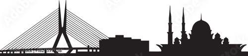 Putrajaya Skyline Silhouette with Cable Stay Bridge and Mosque. Vector black silhouette