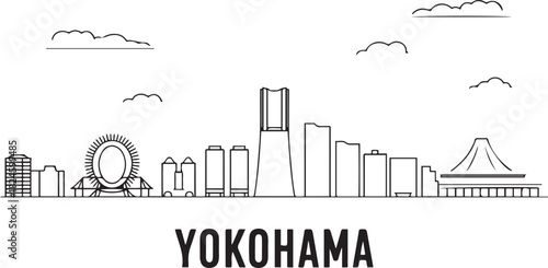 Yokohama Skyline Line Art with Japan Cityscape. Vector black silhouette