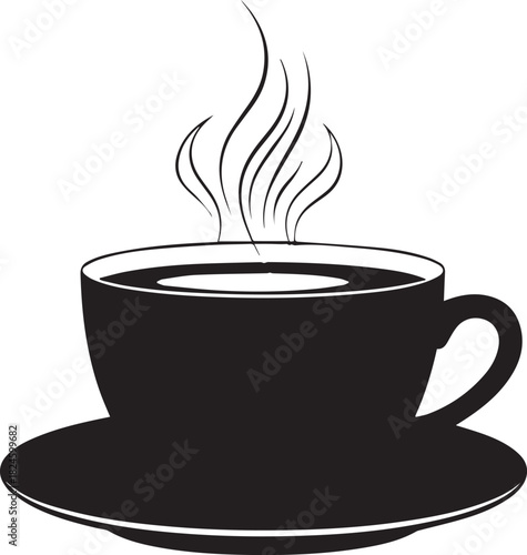 Stylized Vector Illustration of a Steaming Cup of Coffee on a Saucer.