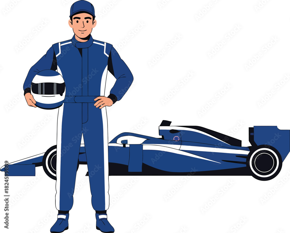 Obraz premium Smiling race car driver standing confidently in a deep blue racing suit and matching cap, holding his helmet next to his sleek race car