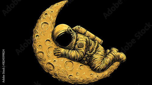 Golden astronaut sleeping peacefully on a textured crescent moon against a deep black cosmic background, space dream illustration.