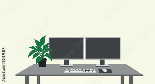 Modern office desk with a laptop, monitor, and other electronic devices for business and design