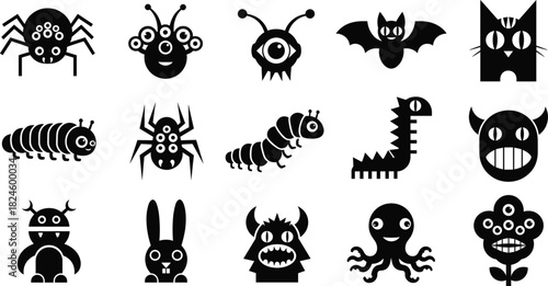 Set of Black Silhouette Vector Icons of Funny Monsters, Strange Creatures, Bugs, and Cartoon Animals, Including Spider, Alien, Bat, Cat, Caterpillar, and Devilish Characters