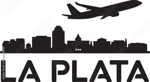 La Plata Skyline with Airplane and Text. Vector black silhouette