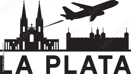 La Plata Skyline with Airplane and Text. Vector black silhouette