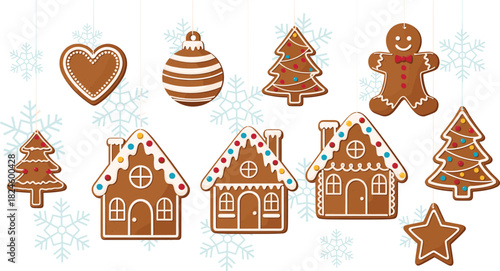 Vector Illustration of Hanging Gingerbread Christmas Ornaments and Cookies, Including Houses, Trees, Man, Heart, and Star Shapes Against a Snowflake Winter Background