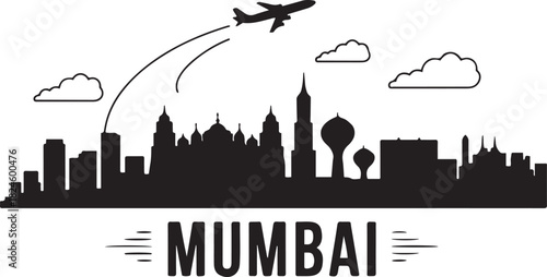 Mumbai skyline with travel, airplane, and simple line art. Vector black silhouette