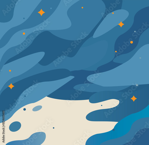 Fluid Blue Abstraction with Golden Sparkles. seamless pattern with fishes and waves.