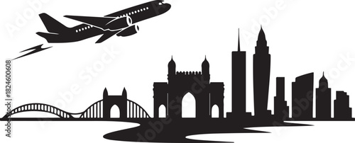 Mumbai skyline with travel, airplane, and simple line art. Vector black silhouette