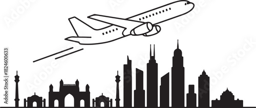 Mumbai skyline with travel, airplane, and simple line art. Vector black silhouette