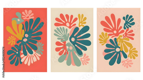 Trendy Matisse-Inspired Floral Art Prints: A Trio of Botanical Cutout Designs in Retro Colors, Ideal for Modern Wall Decor © PINNSTUDIO