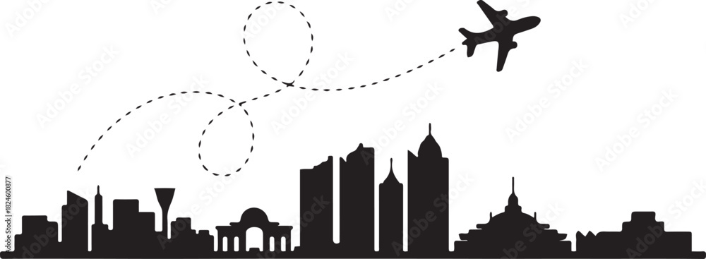 Obraz premium Kuching city skyline outline with airplane and dashed line. Vector black silhouette