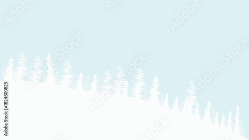 Snowfall in a cold winter pine forest on a high mountain. Illustration.