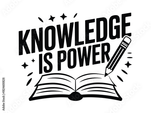Knowledge is power symbol with an open book and pencil writing.