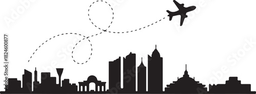 Kuching city skyline outline with airplane and dashed line. Vector black silhouette