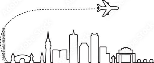 Kuching city skyline outline with airplane and dashed line. Vector black silhouette
