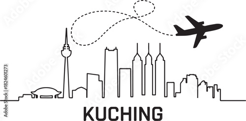 Kuching city skyline outline with airplane and dashed line. Vector black silhouette